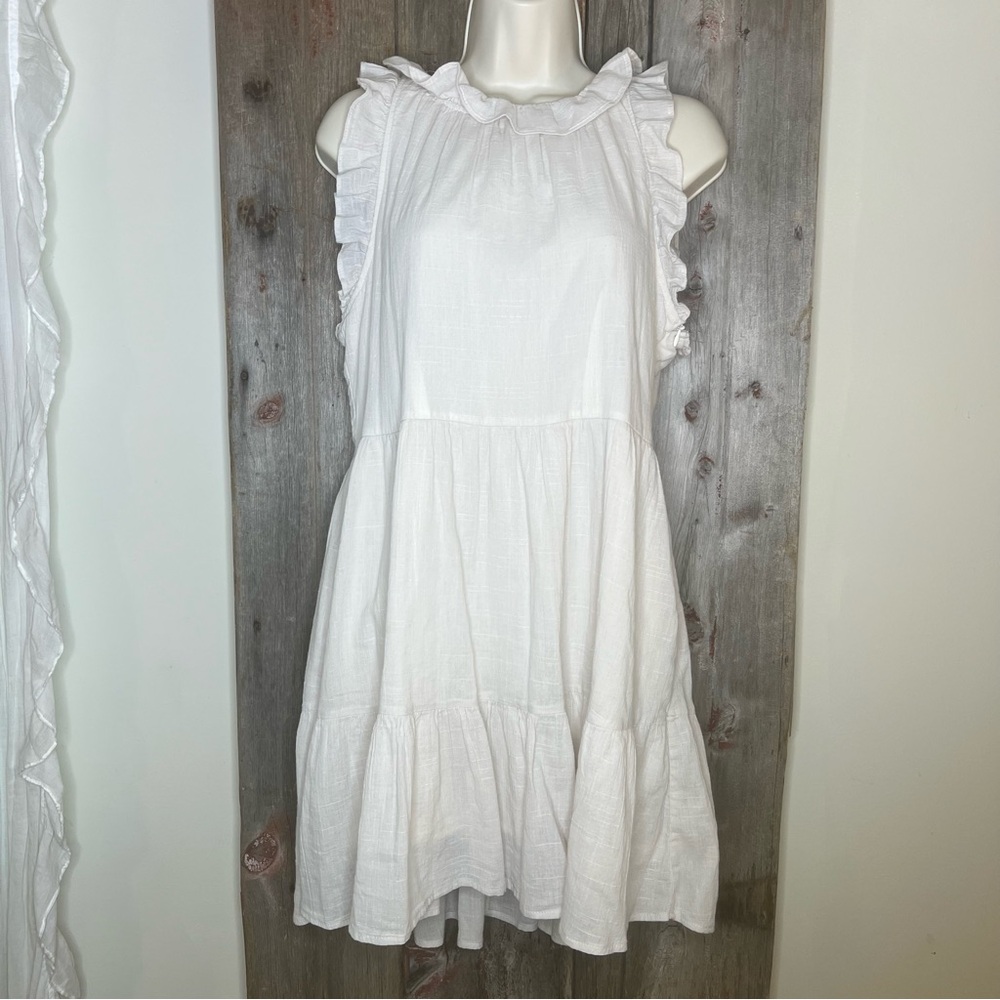 Listicle Tiered Ruffle Trim A Line Flowy Mini Dress Linen Medium